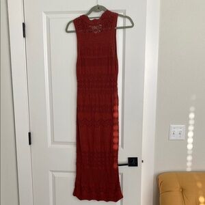 Anthropologie Red Ribbed Slit Midi Dress